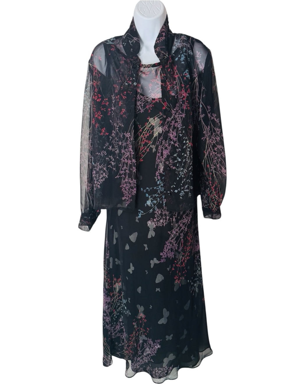 CAROL LITTLE Two Piece Slip Dress With Sheer Accents Floral Butterfly Women’s